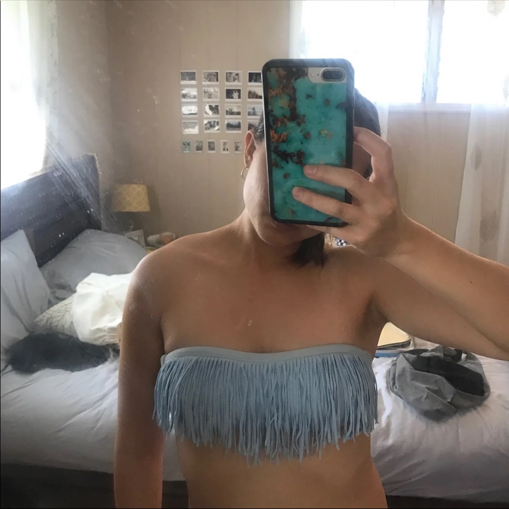 L Space Baby Blue Fringe Bikini Top